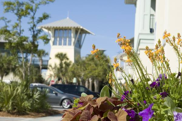 Flowers with walkway to bulding in watercolor beach